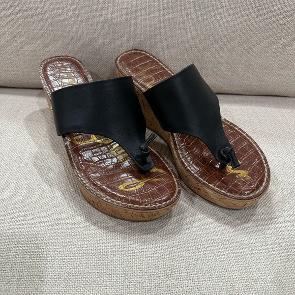 Sam Edelman Black Leather Wedge Sandals size 8.5 - Picture 1 of 6